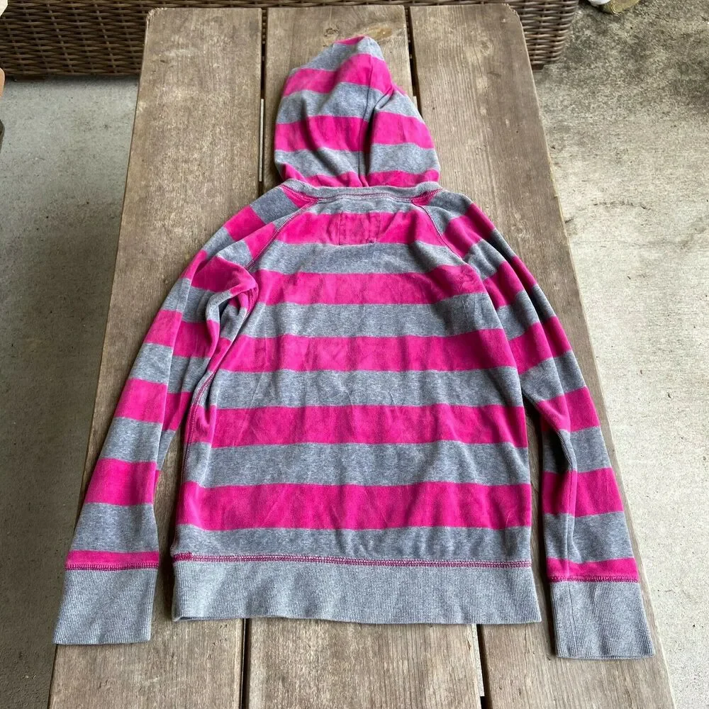Gap Girls Hoodie Size XL 12 Hot‎ Pink Gray Velour Striped Kangaroo Pocket